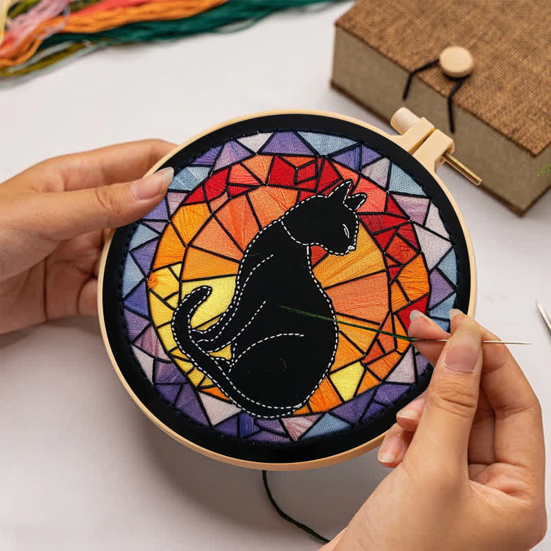 Rubbyoo Embroidery Kit - Black Cat Kitten Stained Glass - image 1