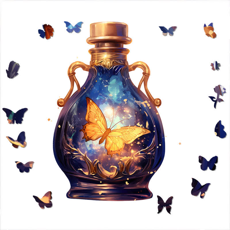 Golden butterfly flying in glass bottle - Wooden Jigsaw Puzzle - image 2
