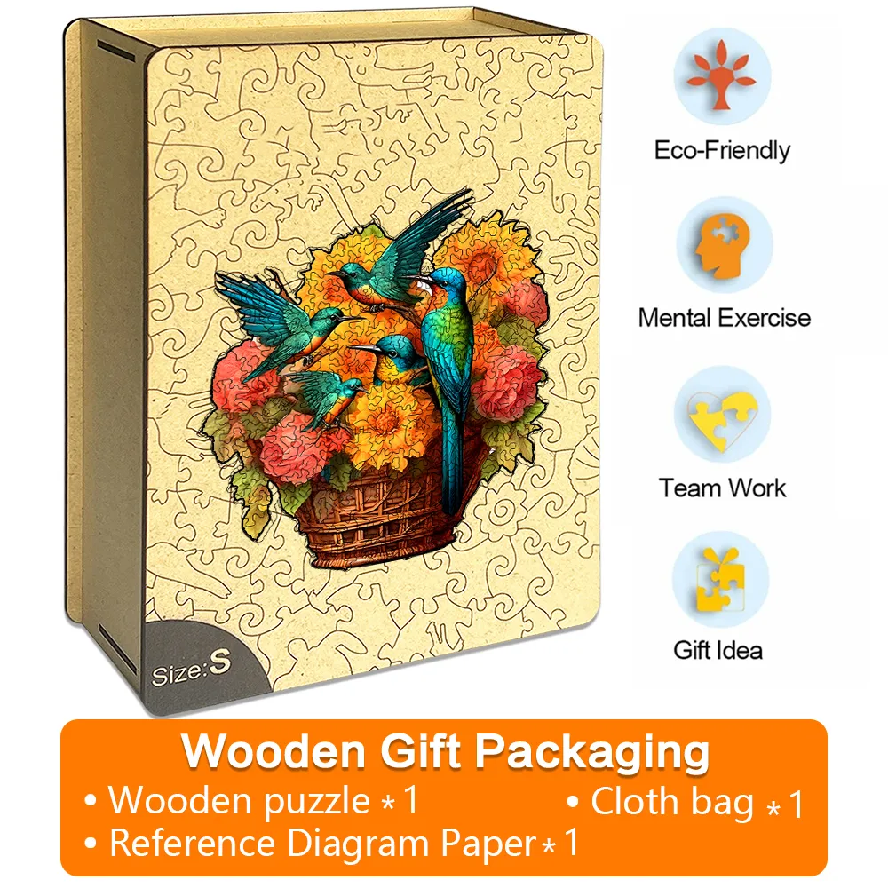 Flower Basket Hummingbird - Wooden Jigsaw Puzzles - A2 - Wooden Gift Packaging - image 5