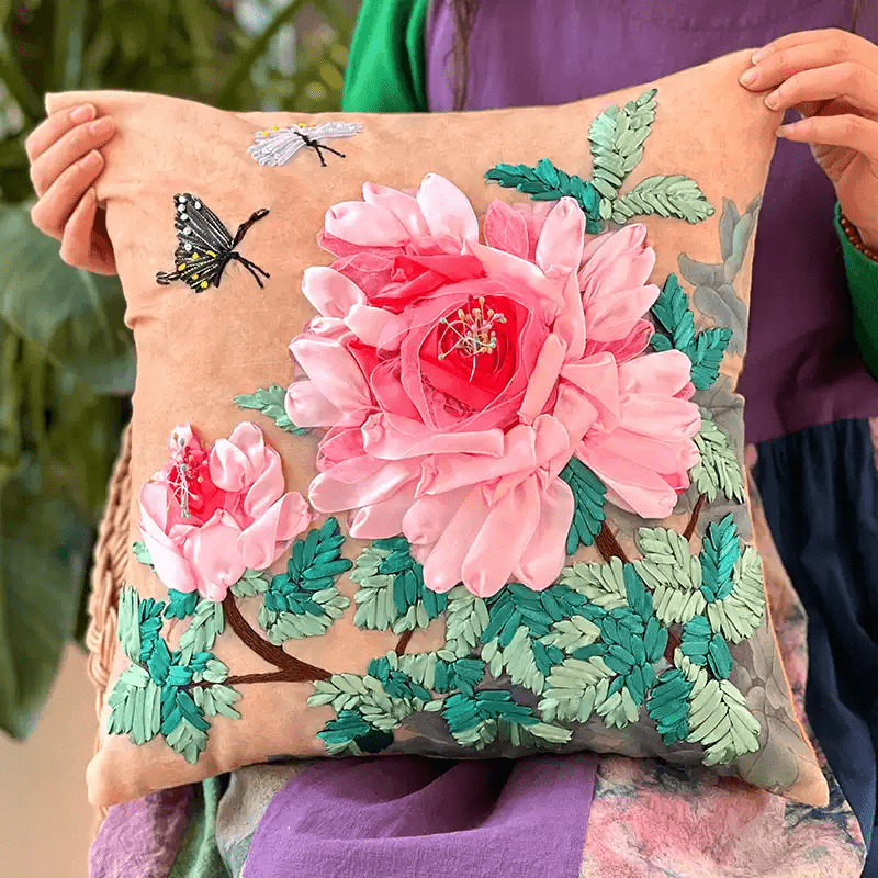 Embroidered Ribbon Floral Pillow Case Kits | Charming Handicraft For Mom | Floral Room Decoration Gifts - Pink - image 6