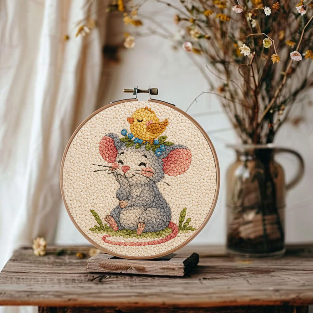 Smiling Mouse With Chick Punch Needle Kit - Adorable Animal Craft For Child | Nice Birthday Handicraft - image 8