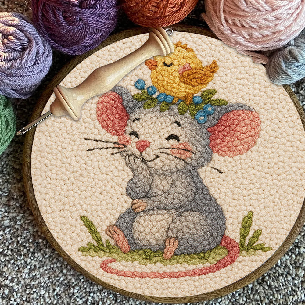 Smiling Mouse With Chick Punch Needle Kit - Adorable Animal Craft For Child | Nice Birthday Handicraft - image 6