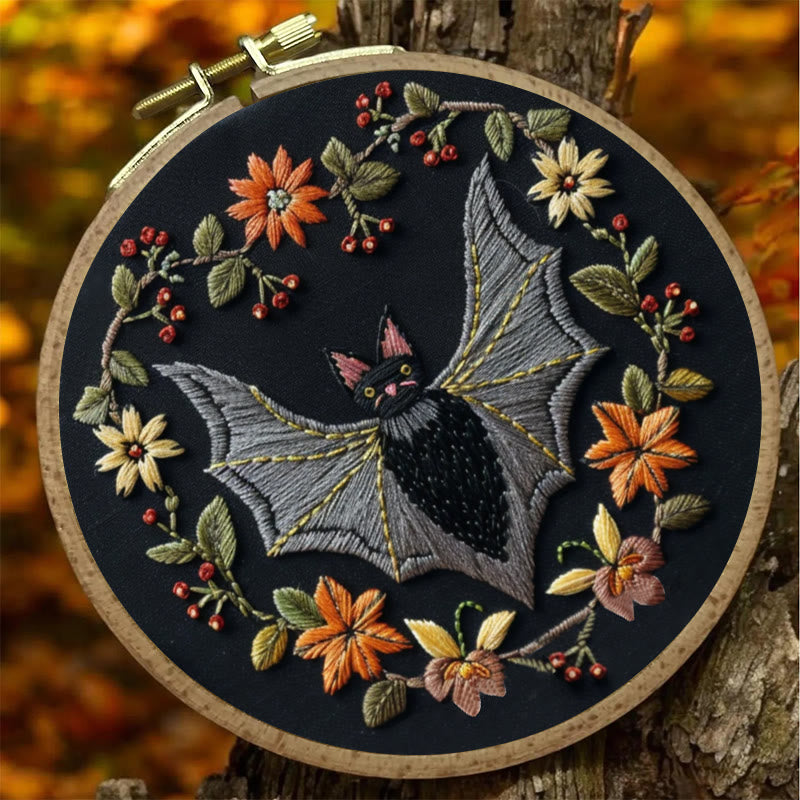 Rubbyoo Embroidery Kit - Halloween Floral Bats | Diy Halloween Crafts | Creative Wall Hanging - image 2