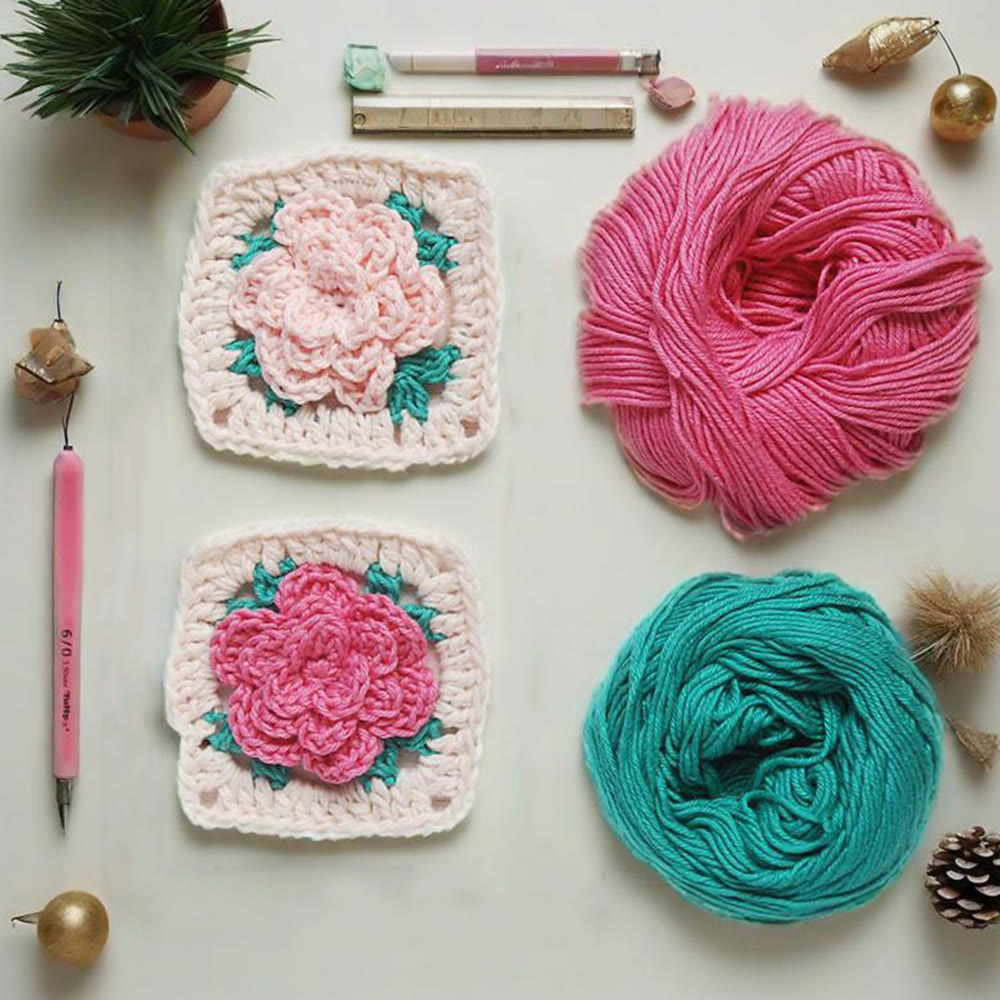 Diy Handmade Rose Granny Square Crochet Kit - 3d Floral Coasters Craft | Perfect Gifts For Crafters - image 1