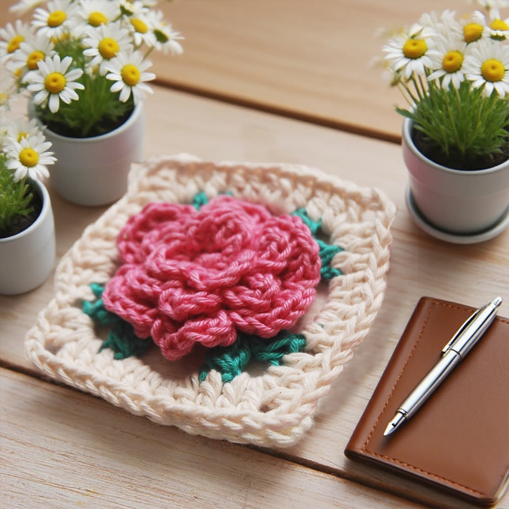 Diy Handmade Rose Granny Square Crochet Kit - 3d Floral Coasters Craft | Perfect Gifts For Crafters - image 3
