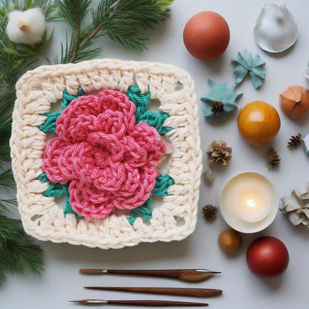 Diy Handmade Rose Granny Square Crochet Kit - 3d Floral Coasters Craft | Perfect Gifts For Crafters - image 2