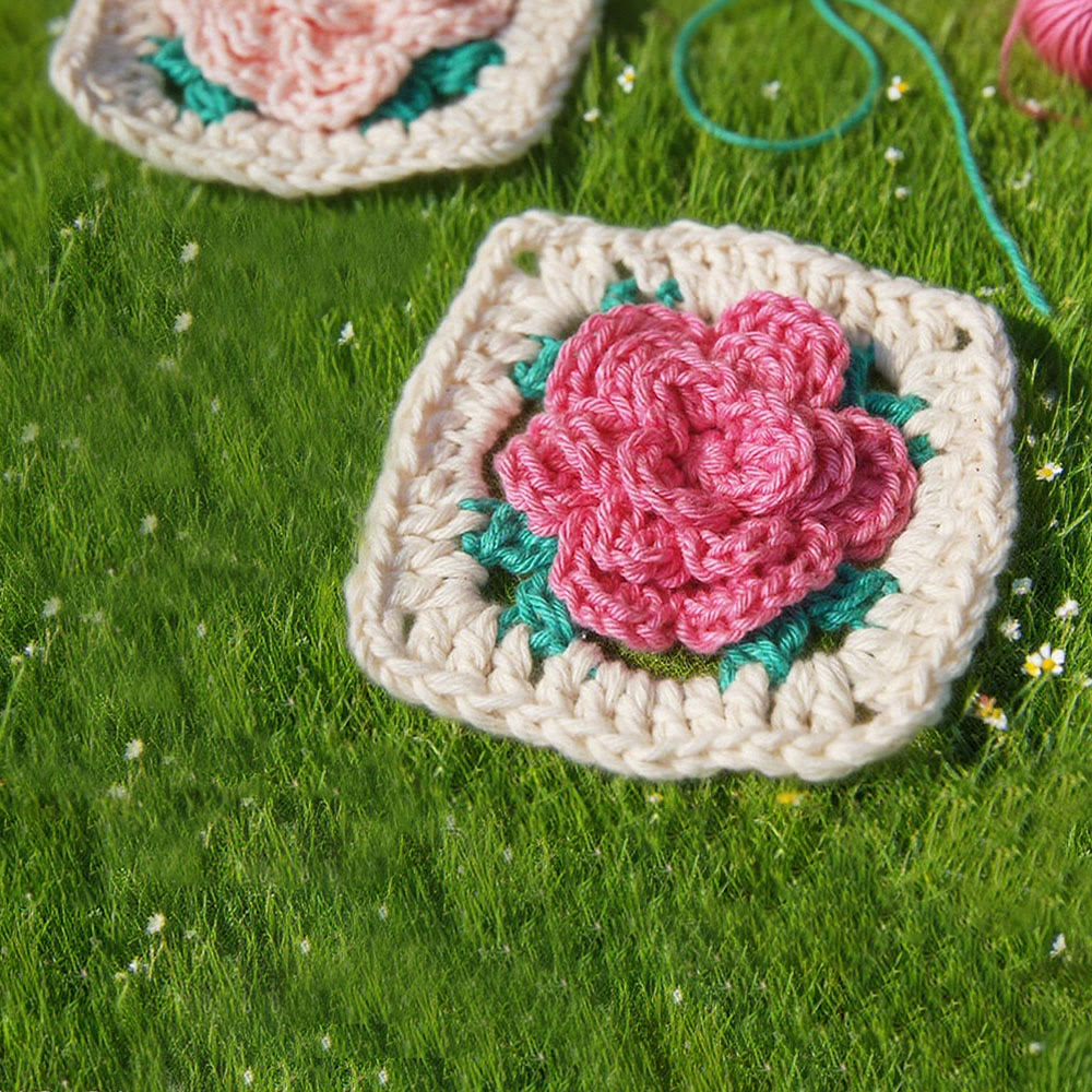 Diy Handmade Rose Granny Square Crochet Kit - 3d Floral Coasters Craft | Perfect Gifts For Crafters - image 5
