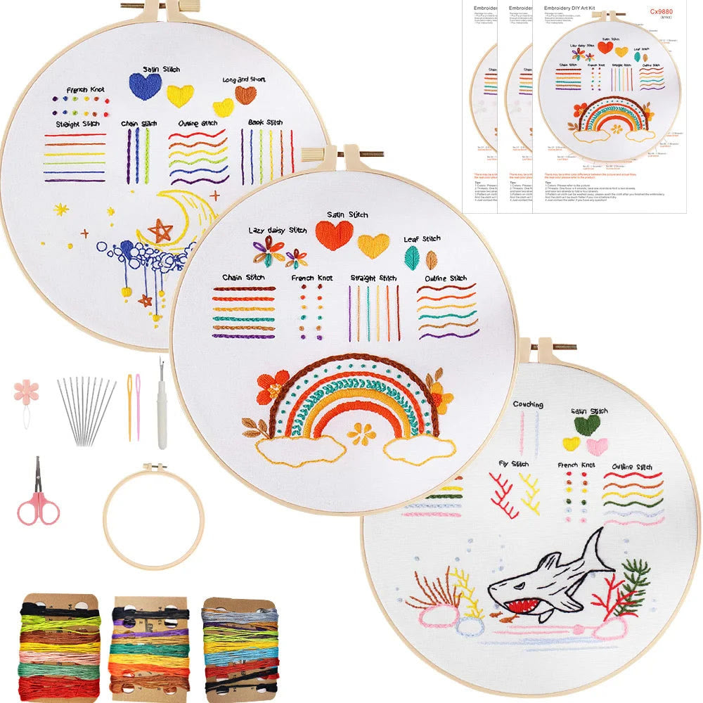 Rubbyoo 3-piece Embroidery Starter Kit - Adorable Animal Pattern | Beginner Stitch Craft | Gifts For Needlework Starter - Rainbow + Shark + Moon - image 7