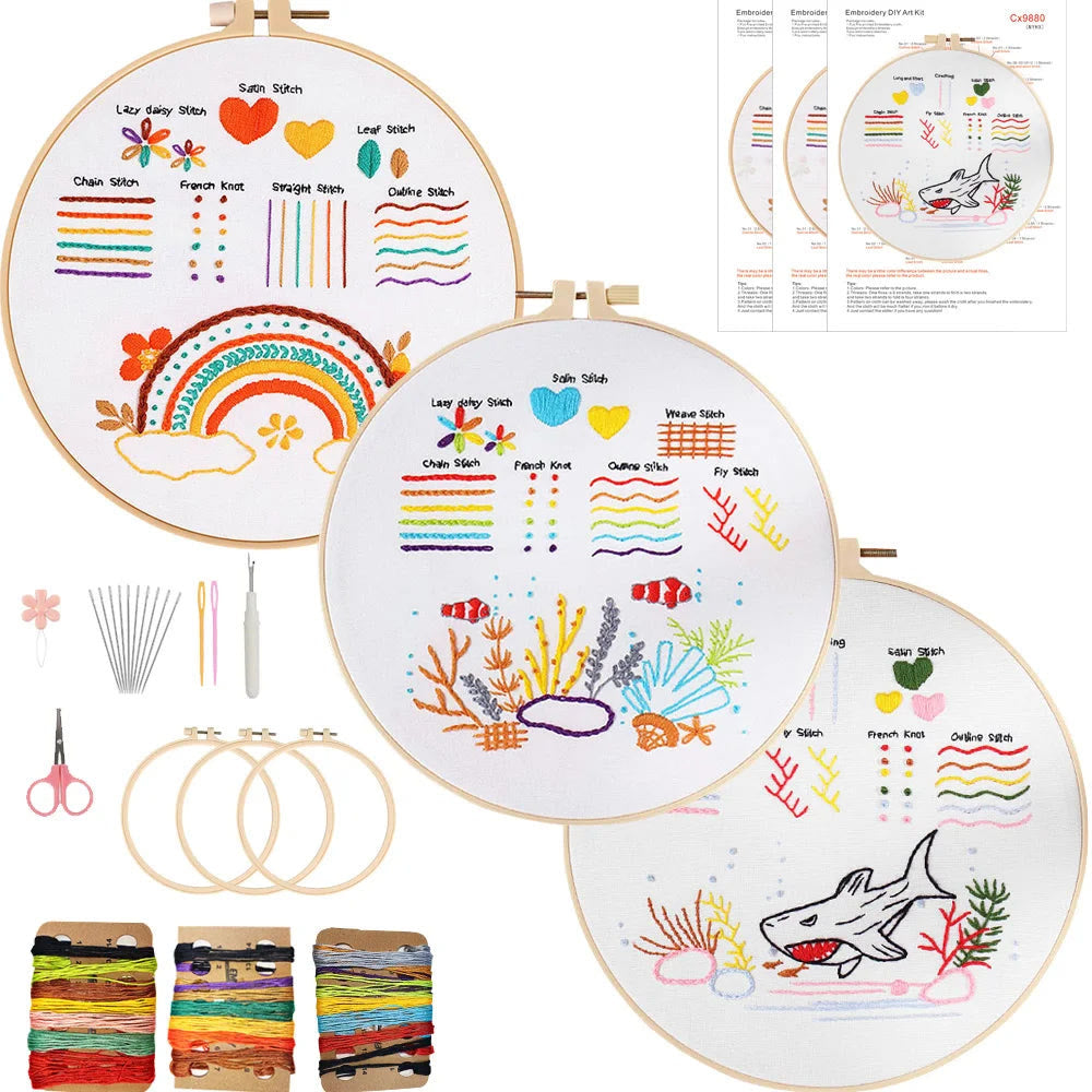 Rubbyoo 3-piece Embroidery Starter Kit - Adorable Animal Pattern | Beginner Stitch Craft | Gifts For Needlework Starter - Rainbow + Seabed + Shark - image 9