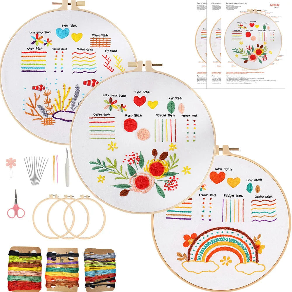Rubbyoo 3-piece Embroidery Starter Kit - Adorable Animal Pattern | Beginner Stitch Craft | Gifts For Needlework Starter - Rainbow + Seabed + Flowers - image 8