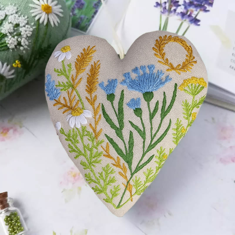 Rubbyoo Heart Embroidery Kit - Blue Wildflower | Diy Decorative Craft | Flower Hanging Ornament - image 1