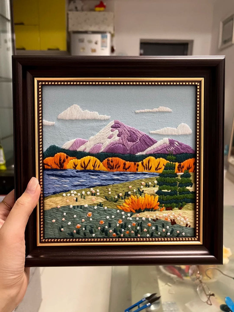 Rubbyoo Embroidery Kit - Scenery Series Needlecraft | Diy Home Decor | Unique Housewarming Gift - Purple Mountain - image 1