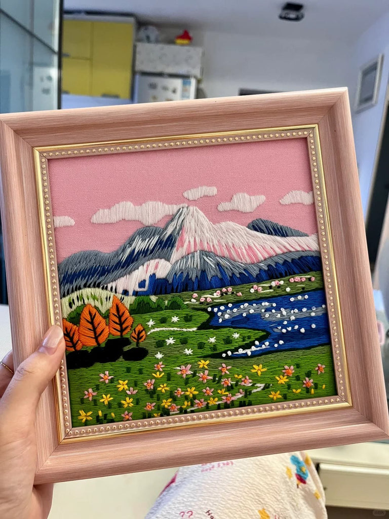 Rubbyoo Embroidery Kit - Scenery Series Needlecraft | Diy Home Decor | Unique Housewarming Gift - Pink Mountain - image 0