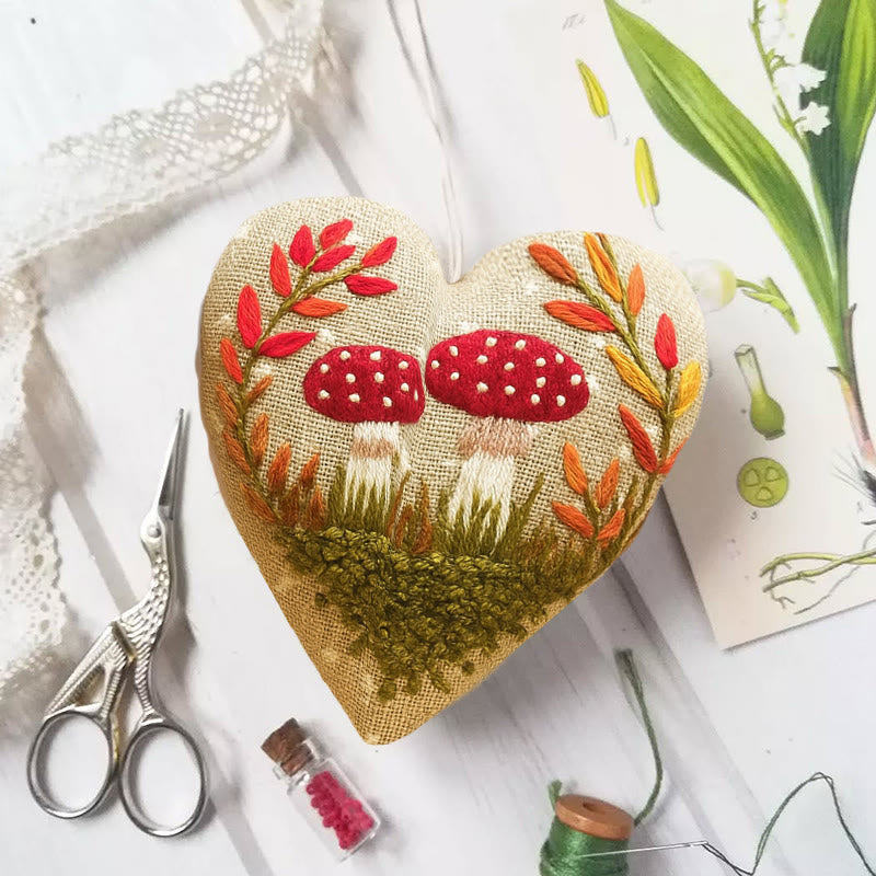 Rubbyoo Heart Embroidery Kit - Cute Mushrooms | Easy Botanical Craft | Diy Hanging Gift - 6 inches hoop kit - image 0