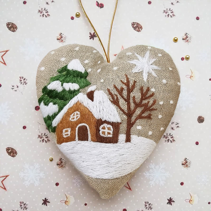 Rubbyoo Heart Embroidery Kit - Snowy House | Christmas Tree Ornament | Diy Handmade Craft - 6 inches hoop kit - image 0
