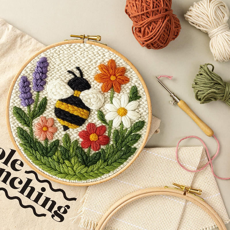 Bee With Flower Punch Needle Kit - Beautiful Decorative Art | Unique Handmade Coaster - image 1