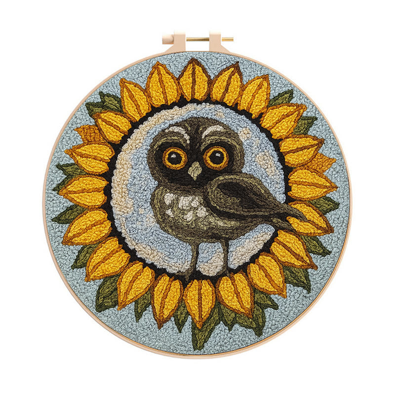  Sunflower Owl Punch Needle Kit - Floral Handmade Art | Creative Home Decor - 8 inch Hoop Kit - image 0