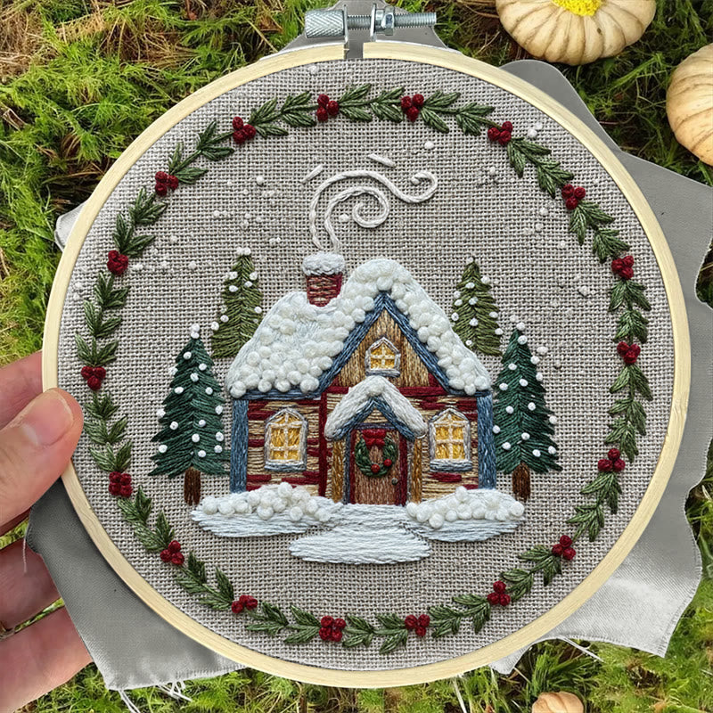 Rubbyoo Embroidery Kit - Winter Chalet | Christmas Stitch Artwork | Handmade Wall Decor - image 1
