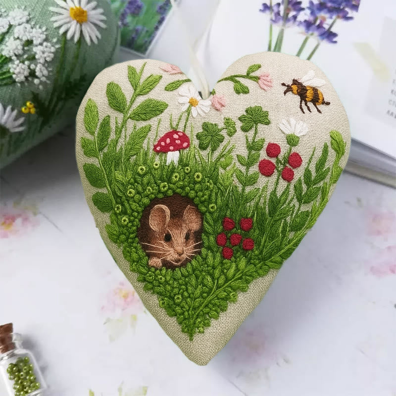 Rubbyoo Heart Embroidery Kit - Floral Mouse | Cute Animal Craft | Home Hanging Art - image 1