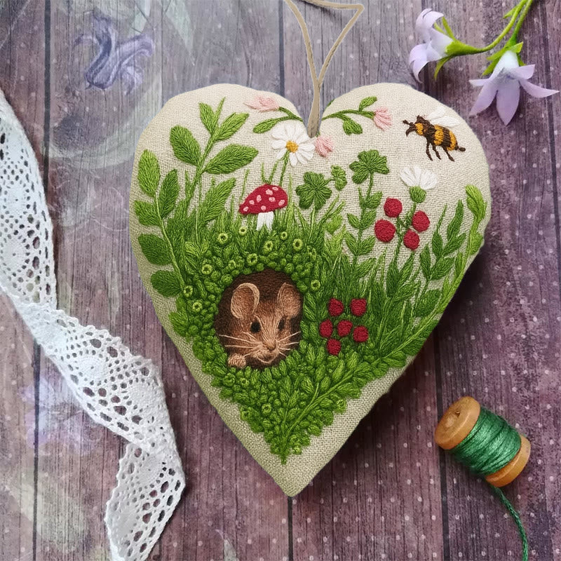 Rubbyoo Heart Embroidery Kit - Floral Mouse | Cute Animal Craft | Home Hanging Art - image 2
