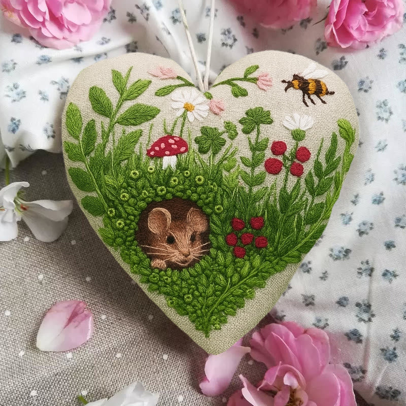 Rubbyoo Heart Embroidery Kit - Floral Mouse | Cute Animal Craft | Home Hanging Art - image 4