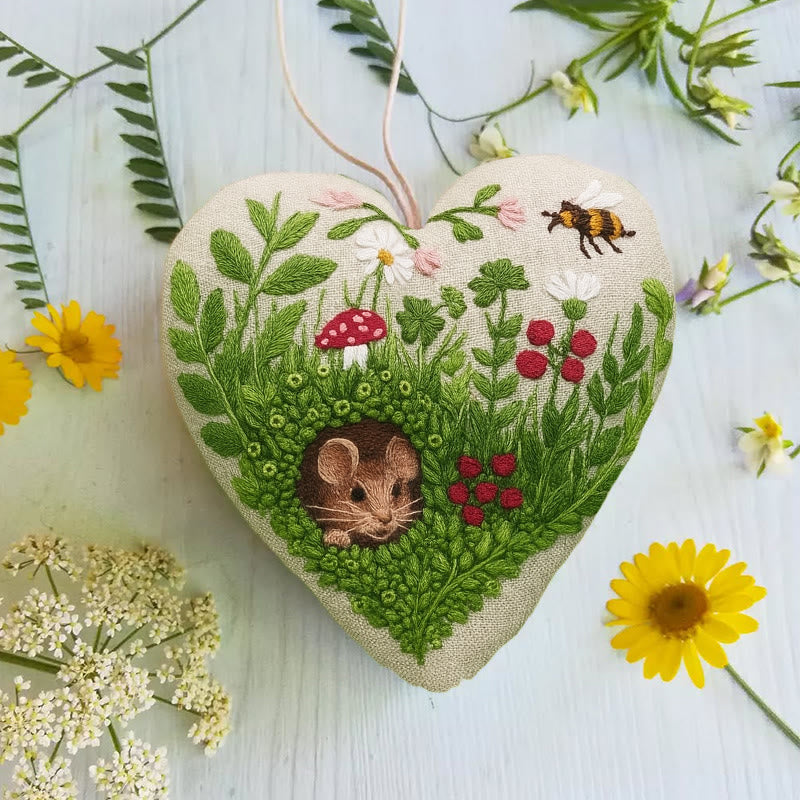Rubbyoo Heart Embroidery Kit - Floral Mouse | Cute Animal Craft | Home Hanging Art - image 3