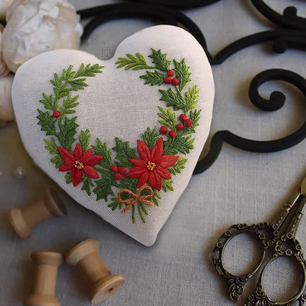 Rubbyoo Heart Embroidery Kit - Christmas Wreath | Floral Handmade Craft | Nice For Christmas Tree Decor - image 3