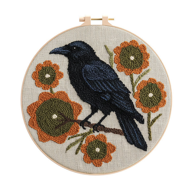  Sunflower Crow Punch Needle Kit - Diy Bird Handicraft | Decorative Hoop Art  - 8 inch Hoop Kit - image 0