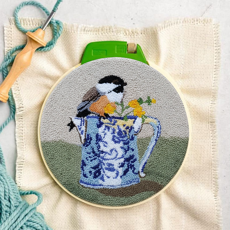  Bird With Teapot Punch Needle Kit - Lovely Bird Handicraft |  Diy Decorative Hoop Art - image 2