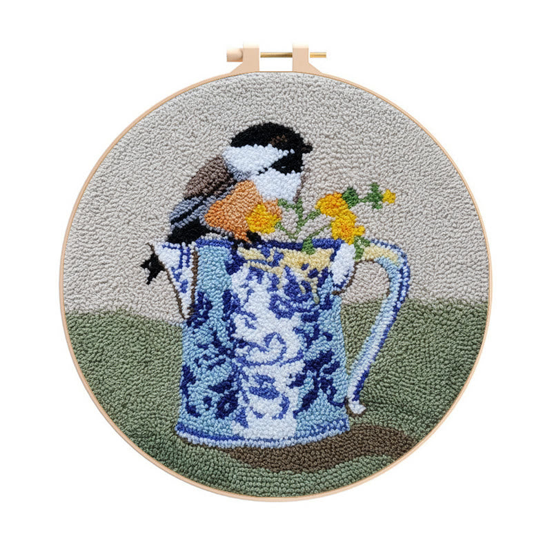  Bird With Teapot Punch Needle Kit - Lovely Bird Handicraft |  Diy Decorative Hoop Art - 8 inch Hoop Kit - image 0