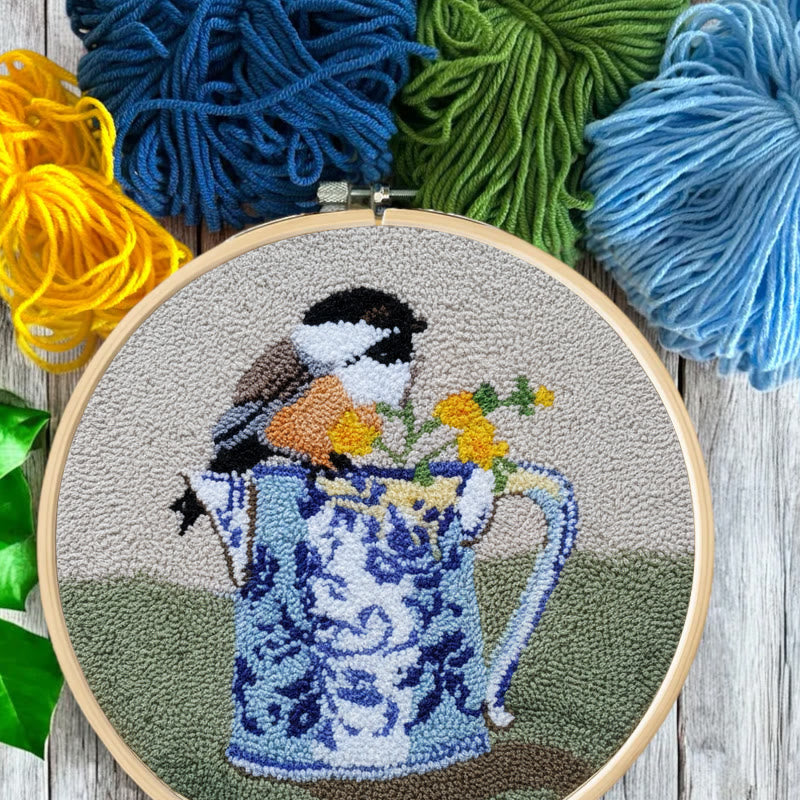 Bird With Teapot Punch Needle Kit - Lovely Bird Handicraft |  Diy Decorative Hoop Art - image 6