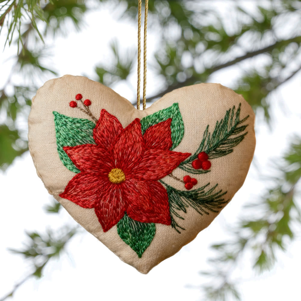 Rubbyoo Heart Embroidery Kit - Winter Poinsettia | Christmas Floral Ornament | Handmade Hoop Art  - image 1