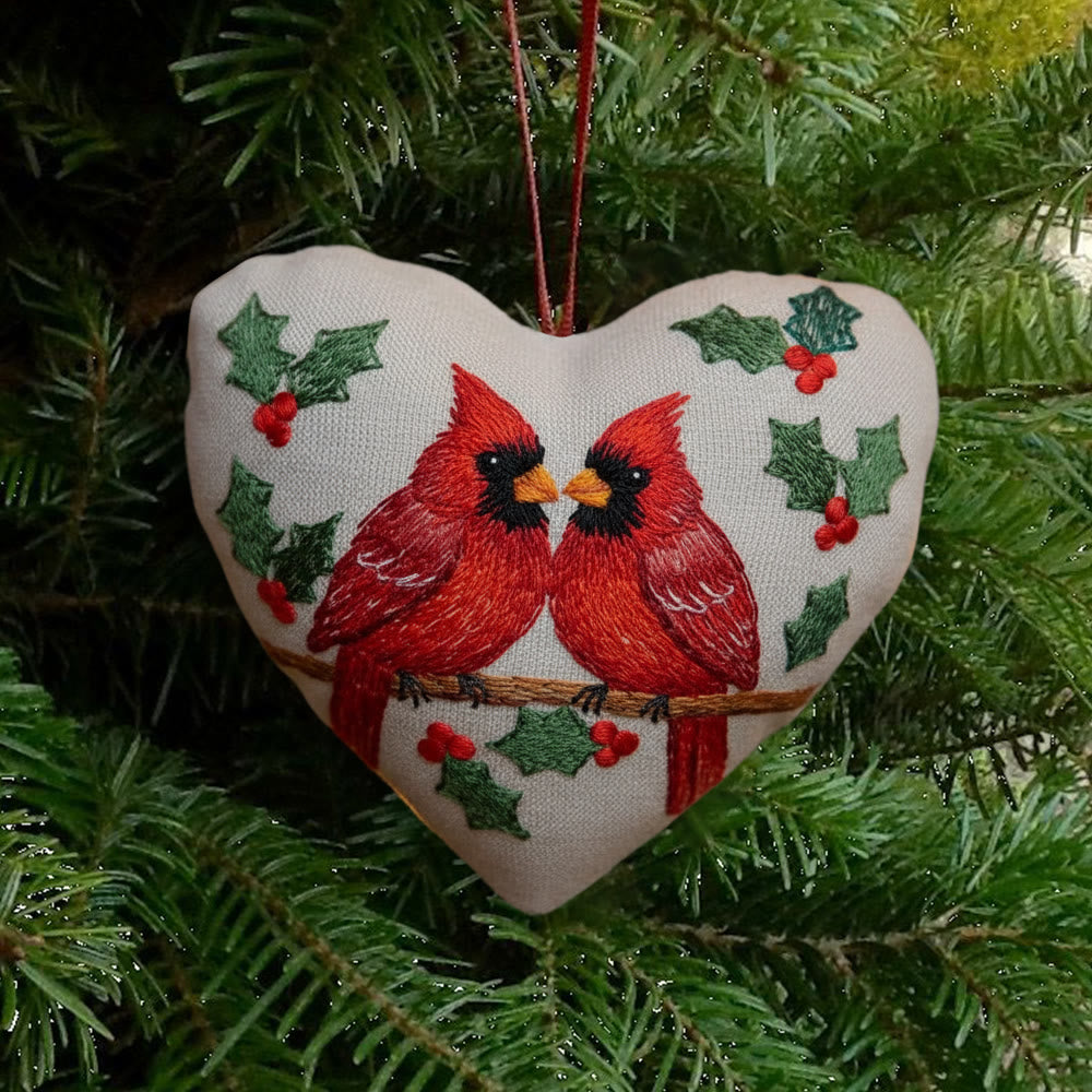 Rubbyoo Heart Embroidery Kit - Cardinals | Unique Holly Ornament | Christmas Bird Decoration - 6 inches hoop kit - image 0