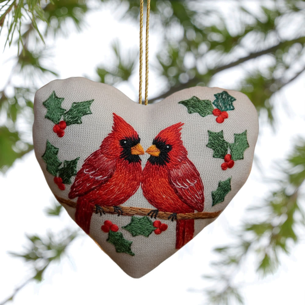 Rubbyoo Heart Embroidery Kit - Cardinals | Unique Holly Ornament | Christmas Bird Decoration - image 1