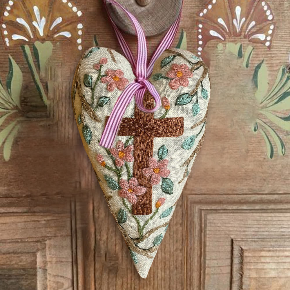 Rubbyoo Heart Embroidery Kit - Christian Cross | Religious Ornament | Diy Hanging Craft - image 2