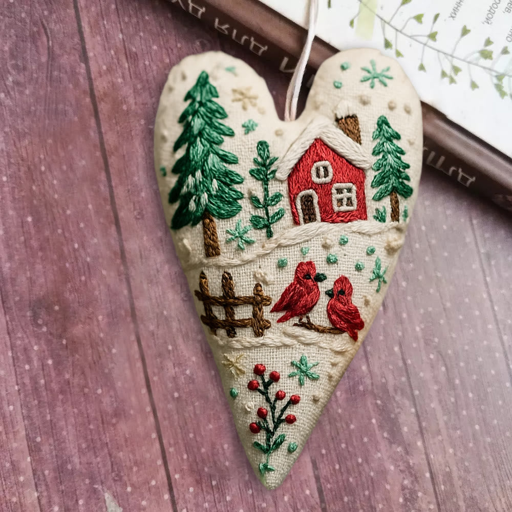 Rubbyoo Heart Embroidery Kit - Winter Cottage With Cardinals | Christmas Decor | Charming Diy Gift - image 1