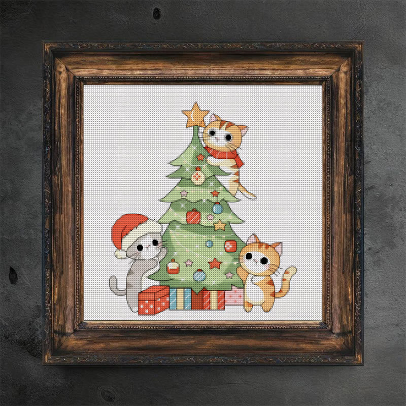 Cross Stitch Kit - Kitten Christmas Tree | Adorable Handmade Art | Unique Wall Hanging Ornament - Kitten Christmas Tree - image 0