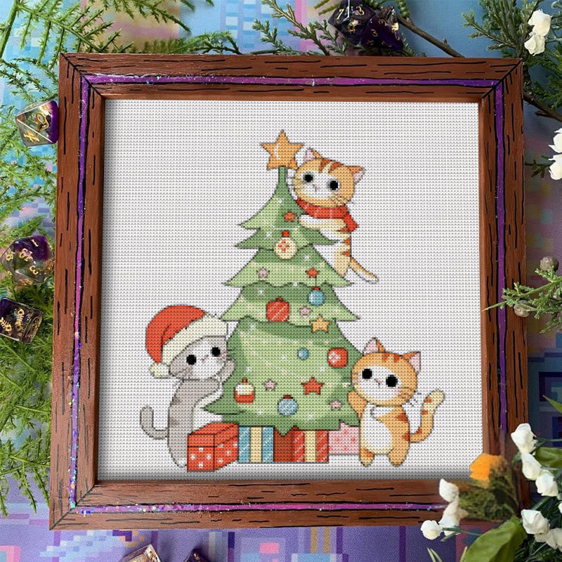 Cross Stitch Kit - Kitten Christmas Tree | Adorable Handmade Art | Unique Wall Hanging Ornament - image 1
