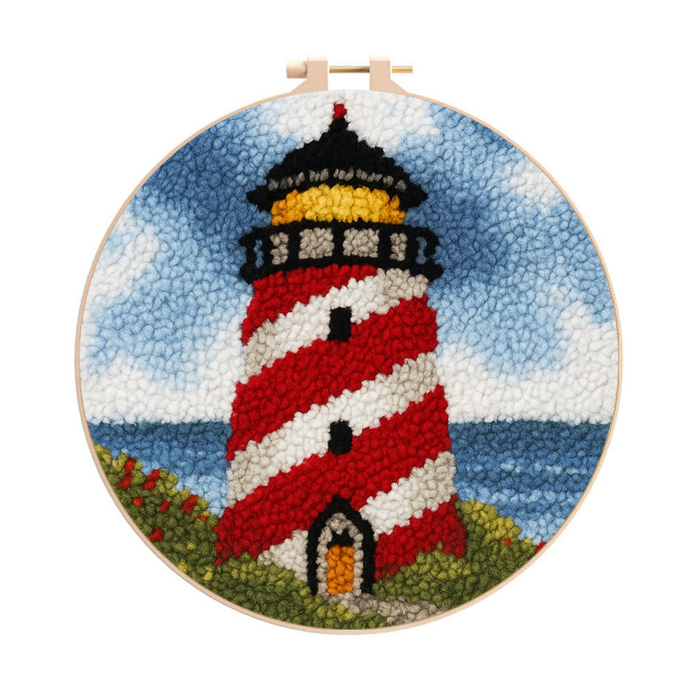 Nautical Lighthouse Punch Needle Kit - Playful Desert Decor | Whimsical Diy Creation - 8 inch Hoop Kit - image 0