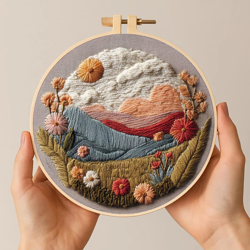 Rubbyoo Embroidery Kit - Floral Mountain Sunset | Nature Diy Craft | Boho Home Decor - image 2