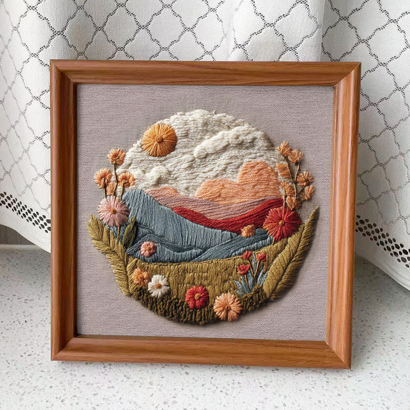 Rubbyoo Embroidery Kit - Floral Mountain Sunset | Nature Diy Craft | Boho Home Decor - Embroidery Kit Plus An Extra Frame - image 1