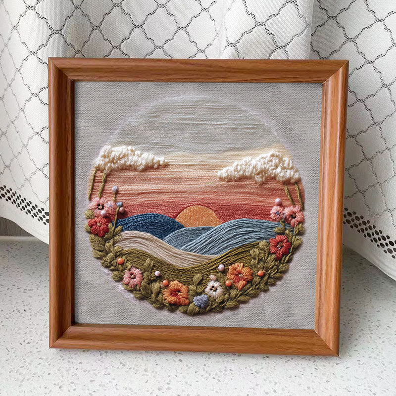 Rubbyoo Embroidery Kit - Floral Sunset Landscape | Scenic Diy Craft | Artistic Home Accent Kit - Embroidery Kit Plus An Extra Frame - image 1