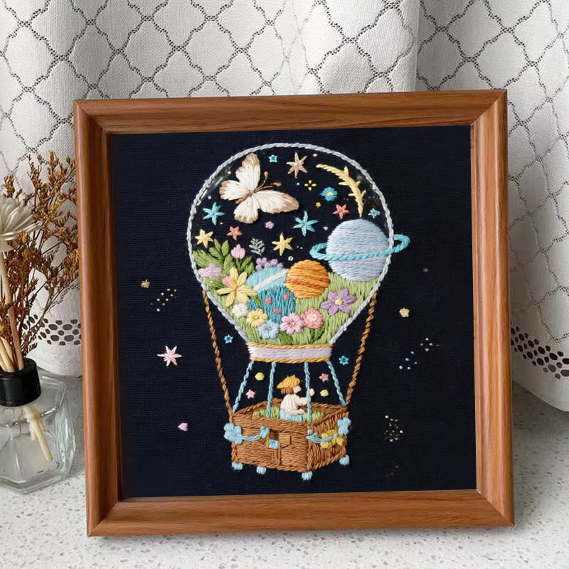 Rubbyoo Embroidery Kit - Cosmic Balloon Quest | Creative Stitch Work | Thoughtful Handmade Gift - Embroidery Kit Plus An Extra Frame - image 1