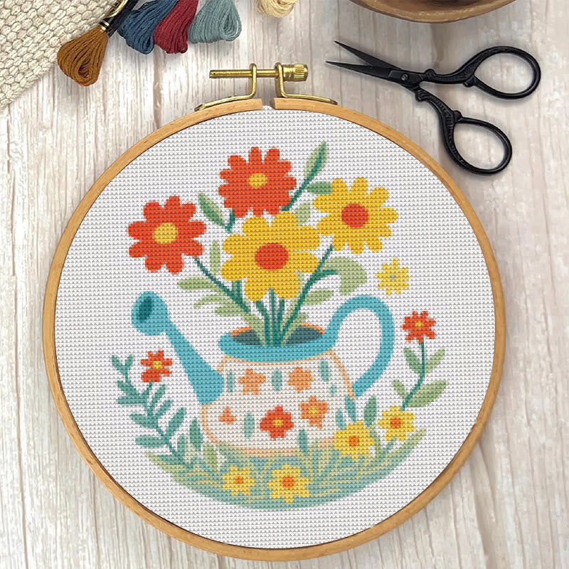 Cross Stitch Kit - Watering Can | Floral Handmade Needlework | Perfect For Wall Hanging  - image 1