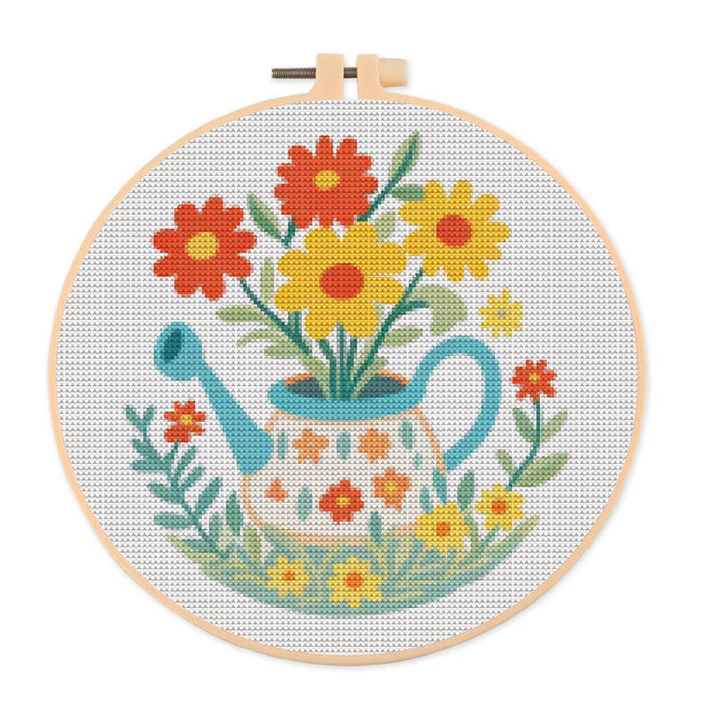 Cross Stitch Kit - Watering Can | Floral Handmade Needlework | Perfect For Wall Hanging  - 20×20cm - image 0