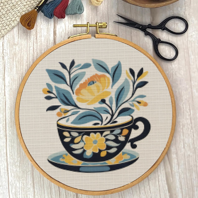 Cross Stitch Kit - Floral Teacup | Elegant Needle Craft | Hoop Art For Hanging Decoration  - image 2