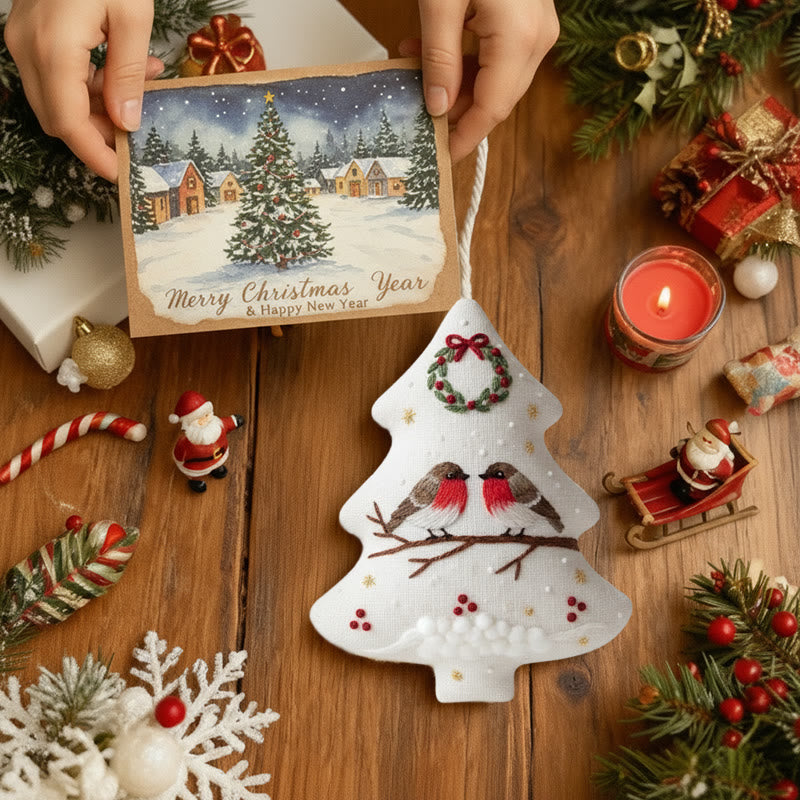 Rubbyoo Tree-shaped Embroidery Kit - Robin Perched On Wreath | Handstitched Craft | Festive Home Decor - image 4