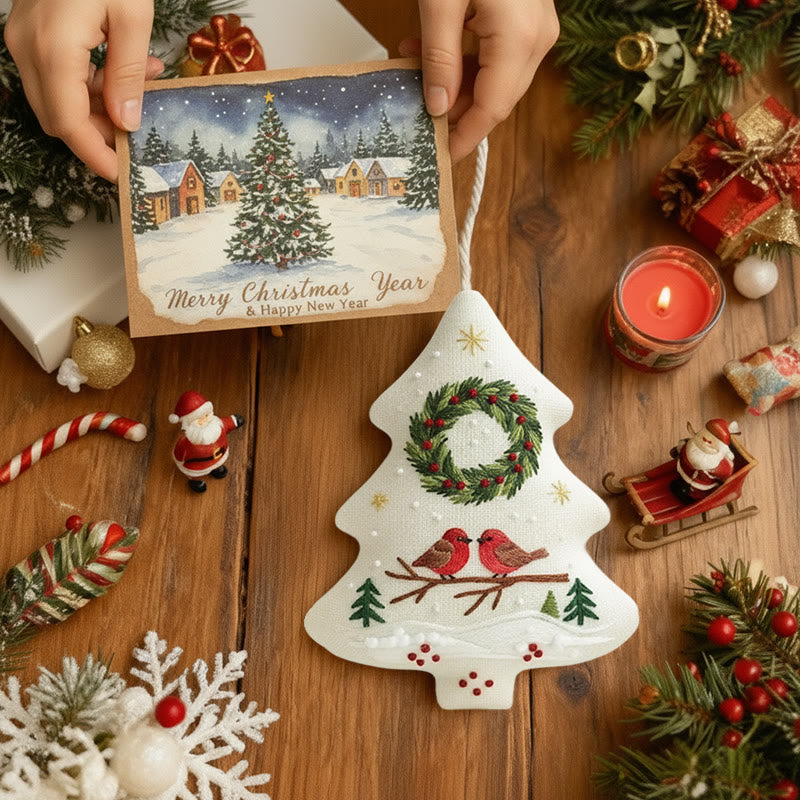 Rubbyoo Tree-shaped Embroidery Kit - Two Birds and Wreath Scene | Hand Embroidery Pattern | Christmas Gift for Her - image 2