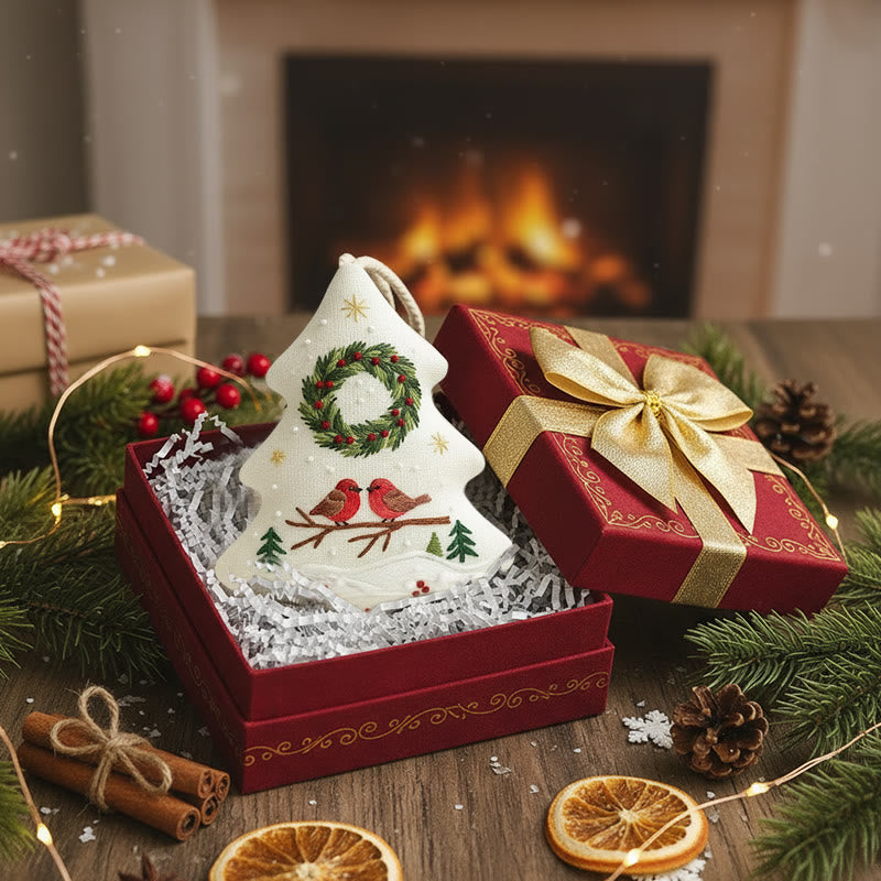 Rubbyoo Tree-shaped Embroidery Kit - Two Birds and Wreath Scene | Hand Embroidery Pattern | Christmas Gift for Her - image 4