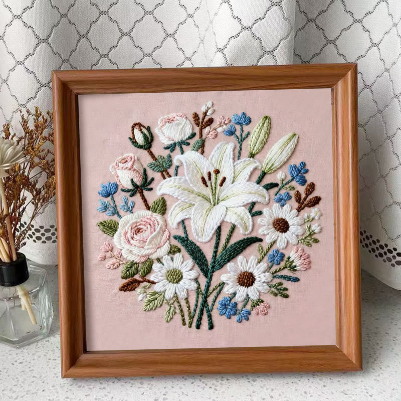 Rubbyoo Embroidery Kit - Lily Rose Floral Medley | Floral Embroidery | Giftworthy Elegant Wall Accent - Embroidery Kit Plus An Extra Frame - image 1